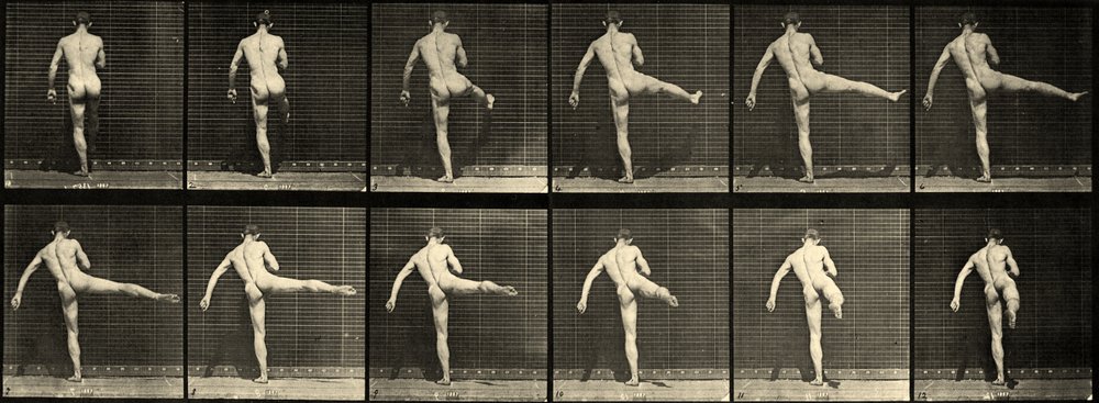 Nøgen mandlig balletdanser, første ballethandling, løfter højre ben (Tavle 369), ca. 1887 af Eadweard Muybridge