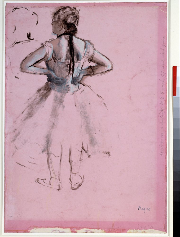 Danser bagfra, hænder på hofter Essence på pink papir af Edgar Degas (1834-1917) 1873 Dim. 0,39 x 0,27 cm Paris, Musée du Louvre af Edgar Degas