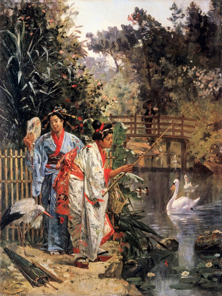 "To japanske kvinder i kimono kigger efter svaner og fisker (). Maleri af Edouard Castres (1838-1902) Privat samling af Edouard Castres