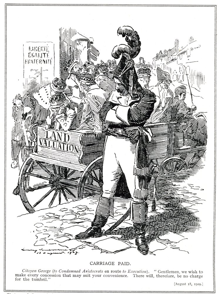 Lloyd George som "Citoyen George" beroliger de aristokrater, der i sit "Folkebudget" er dømt til at betale skat af overskuddet fra jordsalg, 1909 af Edward Linley Sambourne
