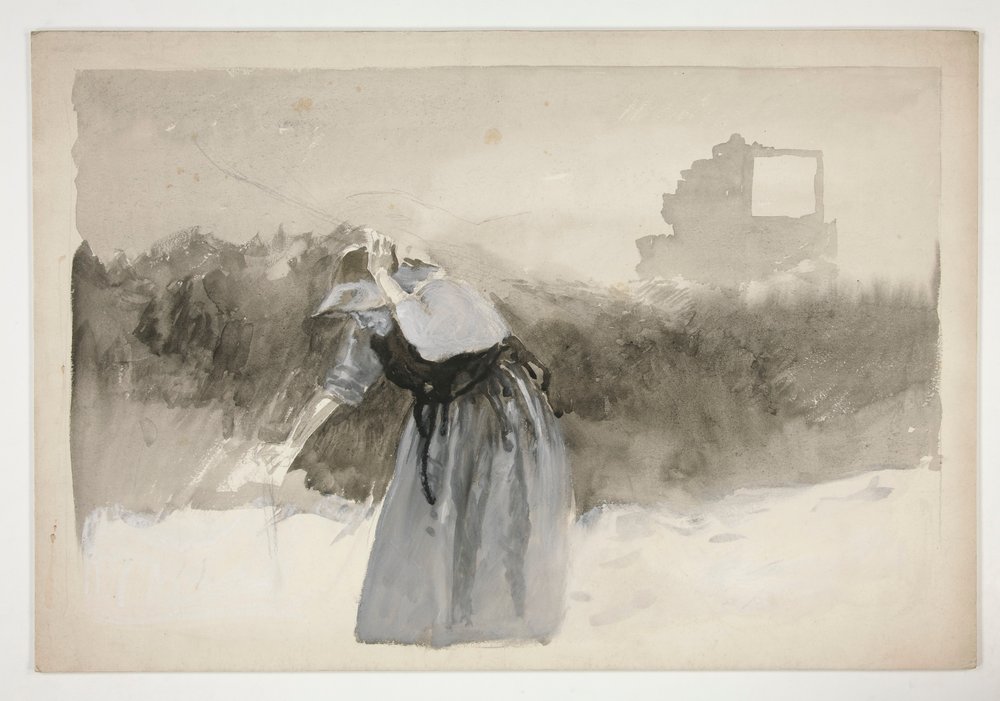 Studie af en kvinde i motorhjelm, der læner sig over - (uidentificeret illustration) af Edwin Austin Abbey