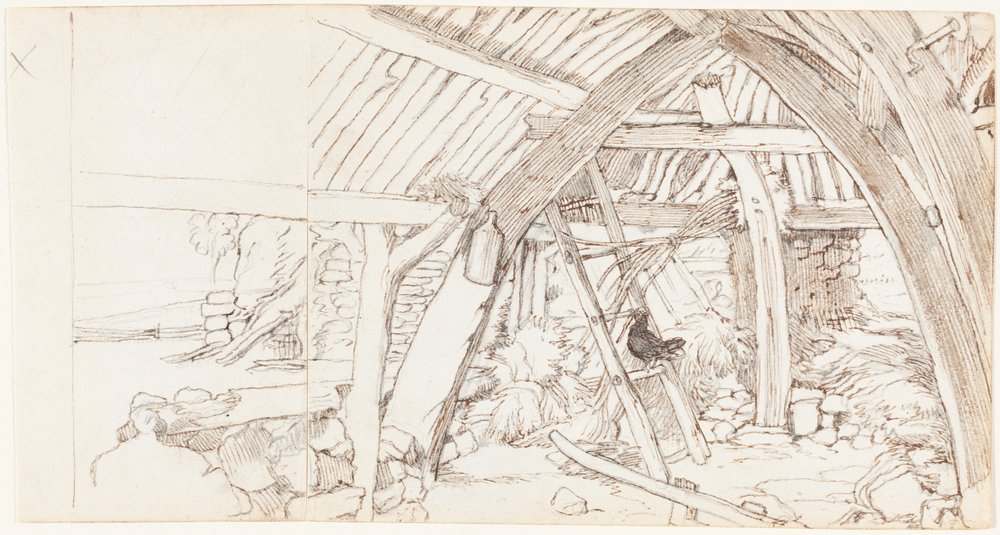 The Barn (pen og brunt blæk over grafit på to sammenføjede ark vævet papir) af Edwin Landseer