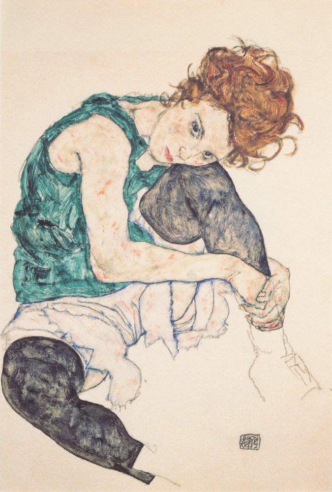 Egon Schiele, »Siddende kvinde med løftet knæ«, 1917, kul, akvarel og gouache, ung kvinde i grøn bluse