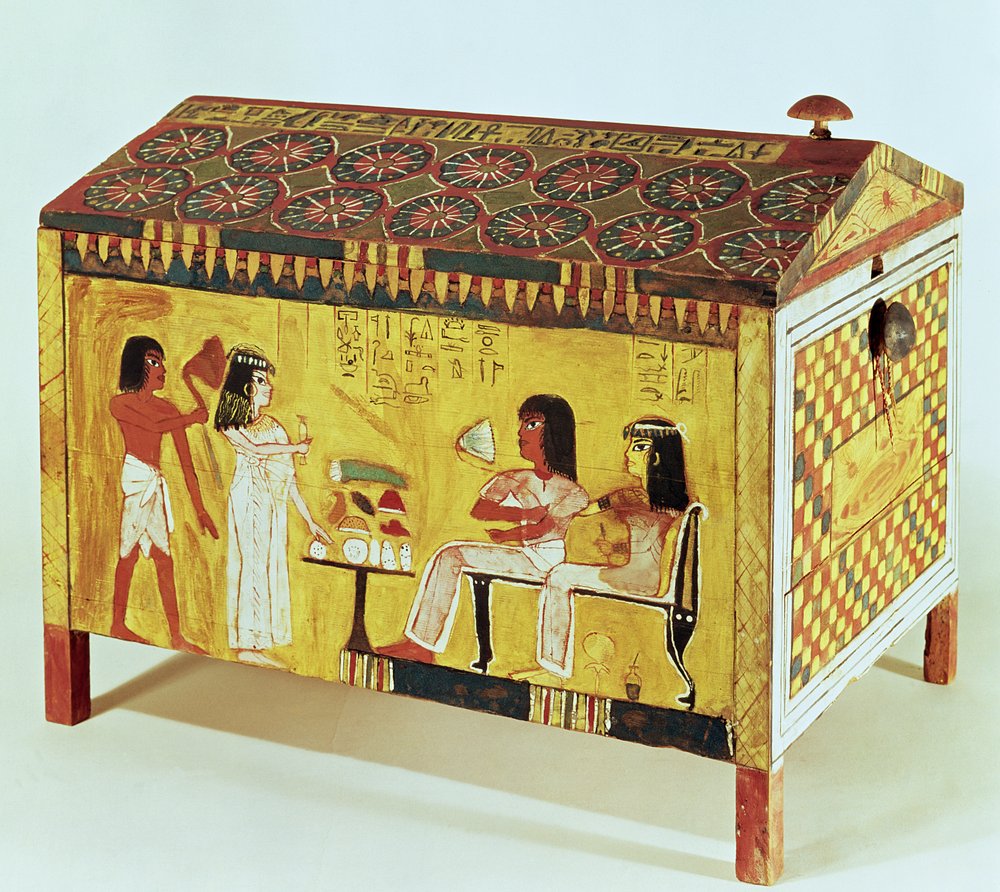 Malet kiste med en banketscene fra Khas grav (d.c.1390-52 f.Kr.) fundet i Deir el-Medina, New Kingdom (træ) af Egyptian 18th Dynasty