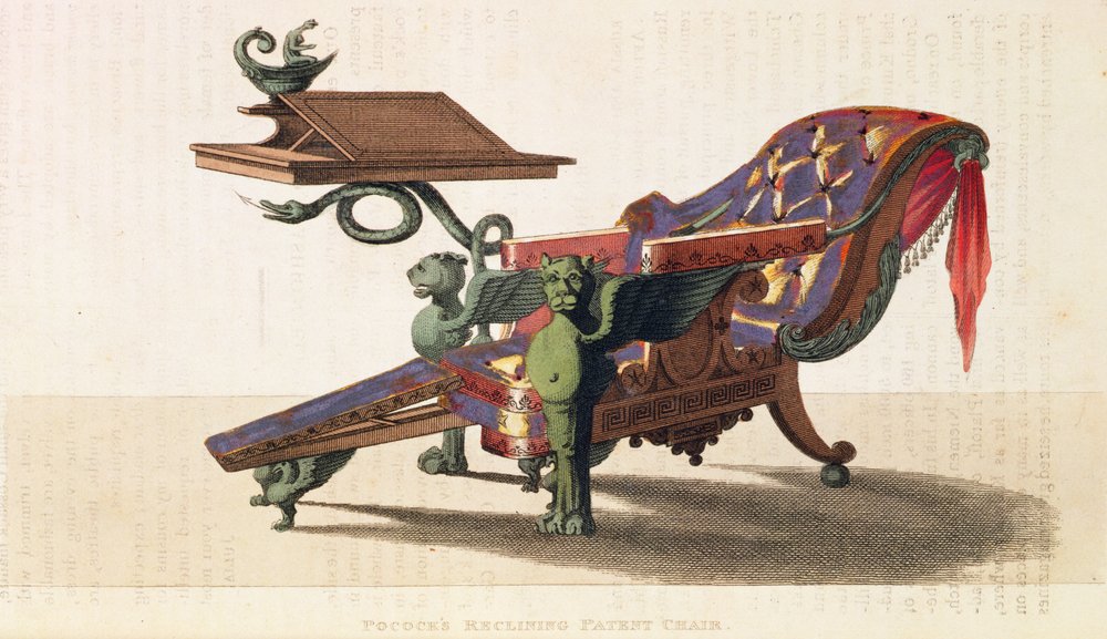 Pococks patenterede lænestol med tilbagelænet ryg, fra Ackermanns Kunstmagasin, bind I, 9, tavle 19, marts 1813 af English School