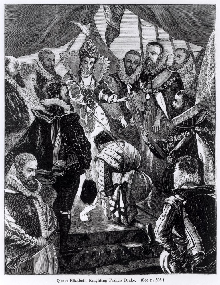 Dronning Elizabeth I (1530-1603) ridder Francis Drake (ca. 1540-96) i 1581 af English School