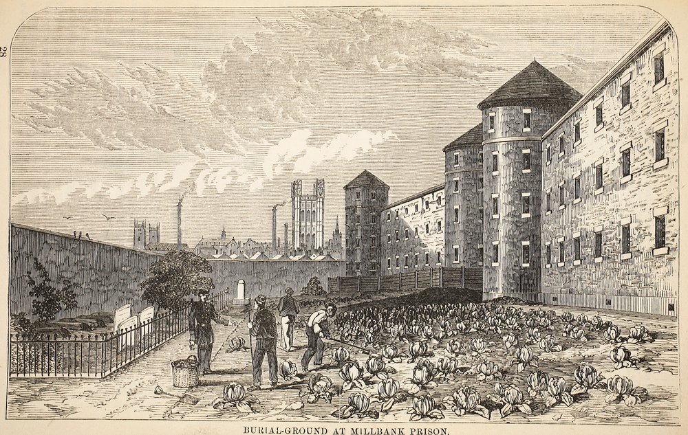 Gravplads ved Millbank Prison, illustration fra The Criminal Prisons of London og Scenes from Prison Life af Henry Mayhew og John Binny, pub. 1862 af English School