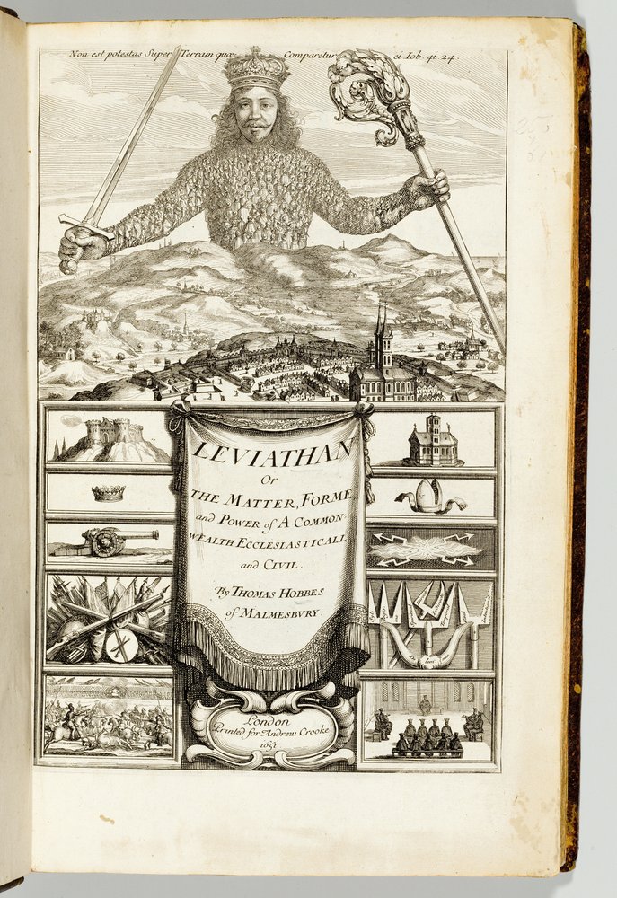 Frontispice til „Leviathan, eller et kirkeligt og borgerligt samfunds stof, form og magt“ af Thomas Hobbes (1588-1679) fra Malmesbury af English School