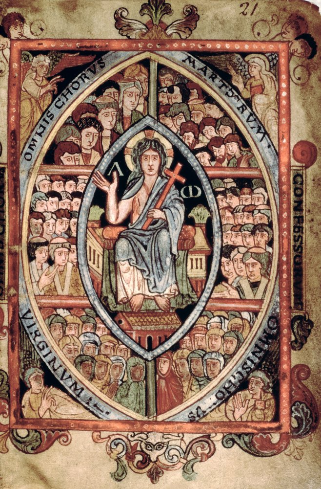 Galba A XVIII f.21r, Kristus i Majestæt, fra Athelstan Psalter, Old Minster, Winchester, 925-50 (vellum) af English School