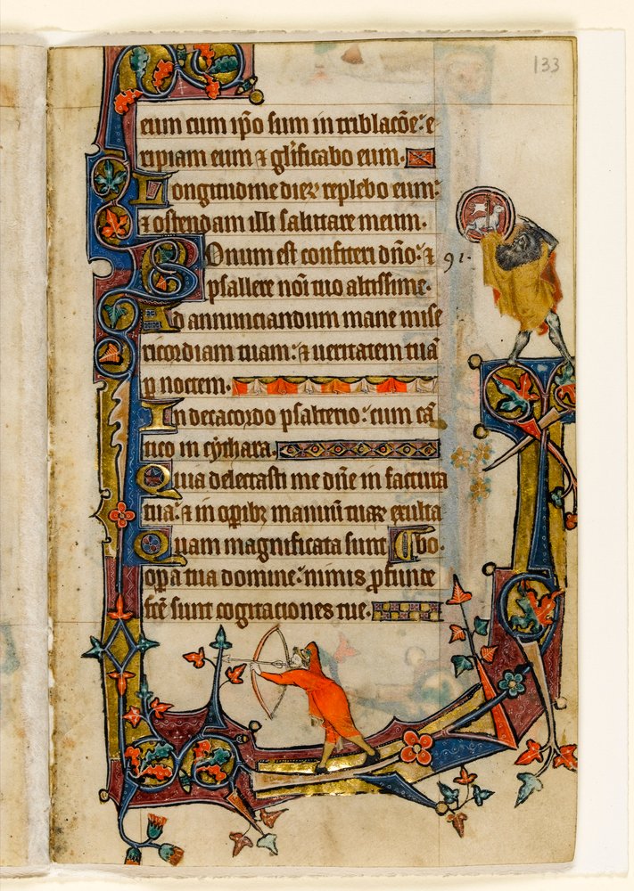 MS 1-2005, fol. 133r: An Archer og St. John the Baptist, marginaldekoration fra Macclesfield Psalter, Use of Sarum, East Anglia, ca. 1330 af English School