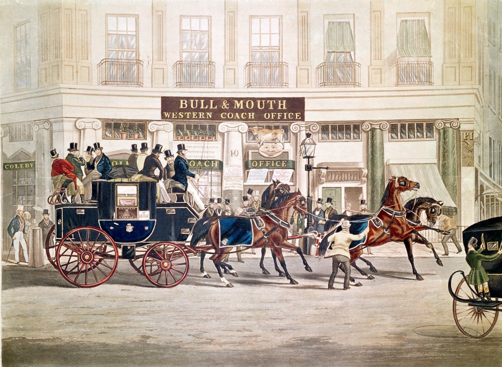 Regent "s Circus, Beaufort Coach Starting from the Bull and Mouth, by Shayer and Huntdani af English School