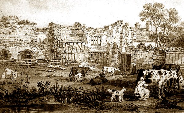 Ødelagt herregård med malkekøer, ca. 1800 (pen & sepia blæk på papir) af English School