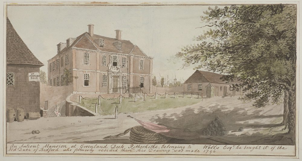 Udsigt over et gammelt palæ ved Grønlandshavnen i Rotherhithe, Bermondsey, 1796 (wc på papir) af English School