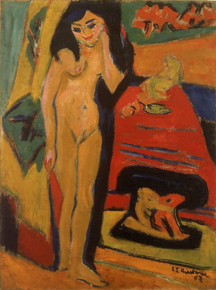 Nøgen pige bag gardin af Ernst Ludwig Kirchner