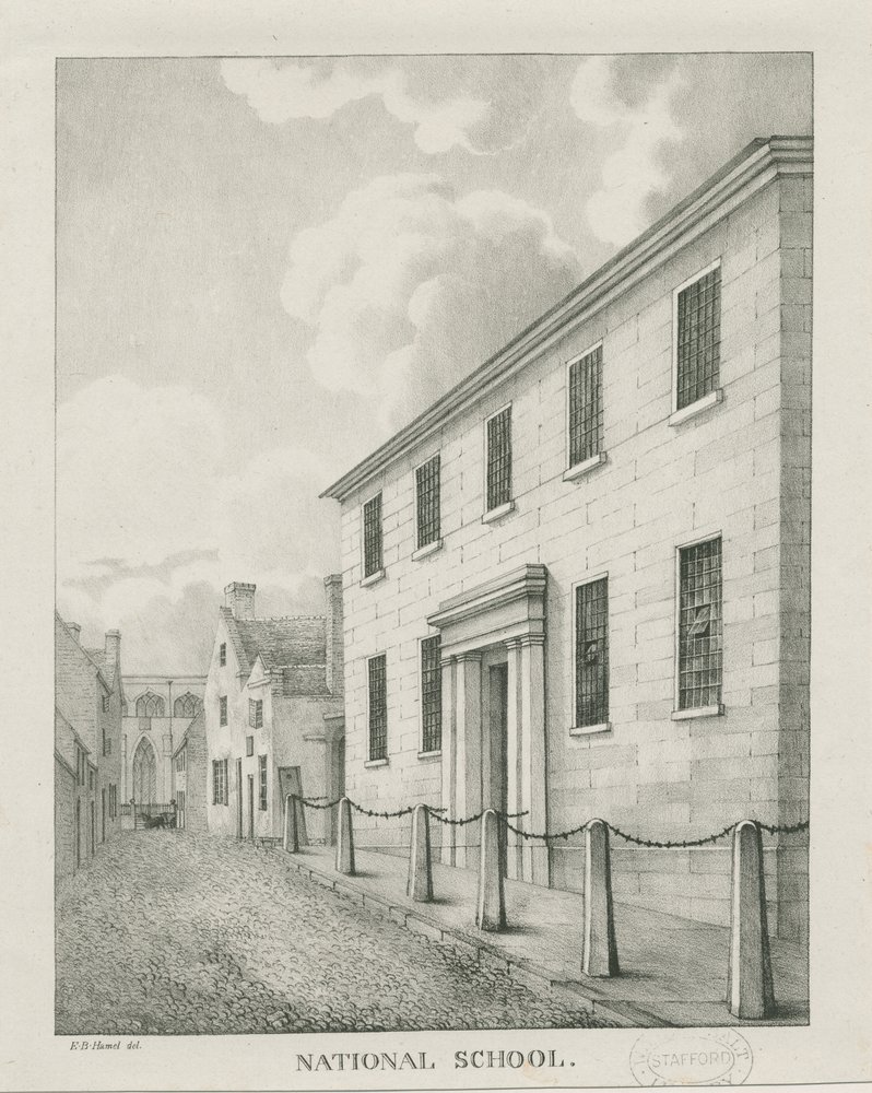 Tamworth - Nationalskolen: litografi, uden år [1796-1865] af Etienne Bruno Hamel