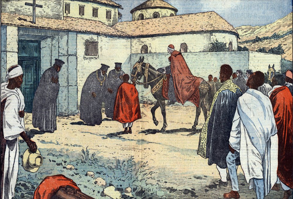 Monsignor Lepicier af Marias tjenereorden, ærkebiskop af Tarsus, blev modtaget i det koptiske kloster i Debre-Bizen i anledning af et apostolisk besøg i Abessinien (Etiopien). Illustration af Damblans. I "" Le Pelerin"" af 21. august af Eugene Damblans