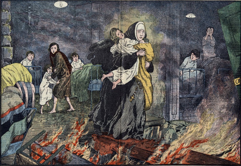 Søster Marie Gabrielle (Marie-Gabrielle) redder et barn under branden på børnehjemmet Bernards Ville (Bernards-Ville), i USA. Illustration af Damblans i "" the Pelerin"" af 27. november af Eugene Damblans