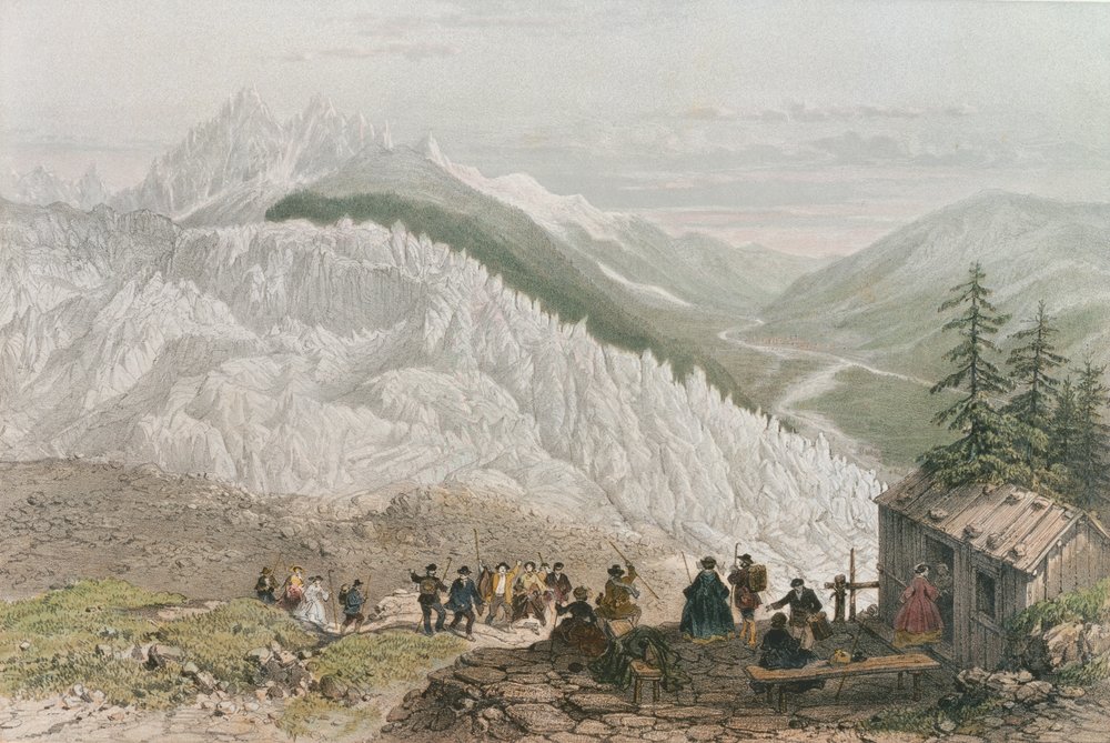 Gletscheren og Chamonix-dalen, indgraveret af Adolphe Bayot (1810-66) midten af det 19. århundrede af Felix Benoist
