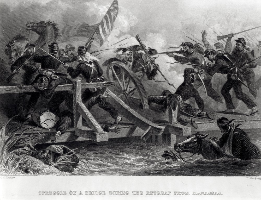 Kamp på en bro under tilbagetoget fra Manassas, juli 1861, indgraveret af W. Ridgway, 1862 af Felix Octavius Carr Darley