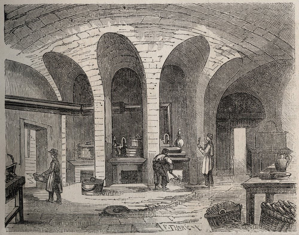 Paris - Prison de la petite Roquette (fængsel for kvinder og teenagere) - Les Cuisines - Gravering af efter Felix Thorigny - i Le Monde Illustre fra juli 1865 af Felix (after) Thorigny