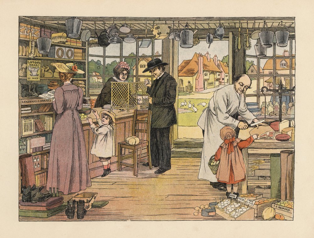 Victorianske kunder køber skinke, bøger og postordrer i landsbybutikken. Kromolitografi efter en illustration af Francis Donkin Bedford fra Edward Verrall Lucas