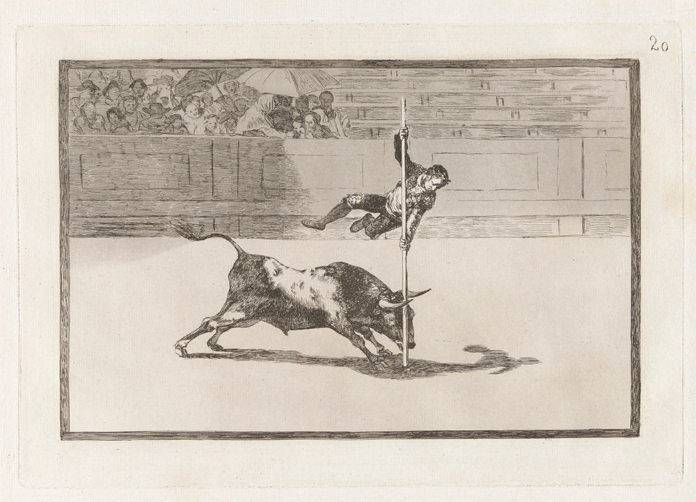 Juanito Apinanis lethed og frækhed i [ringen] i Madrid, plade 20 fra La Tauromaquia af Francisco de Goya