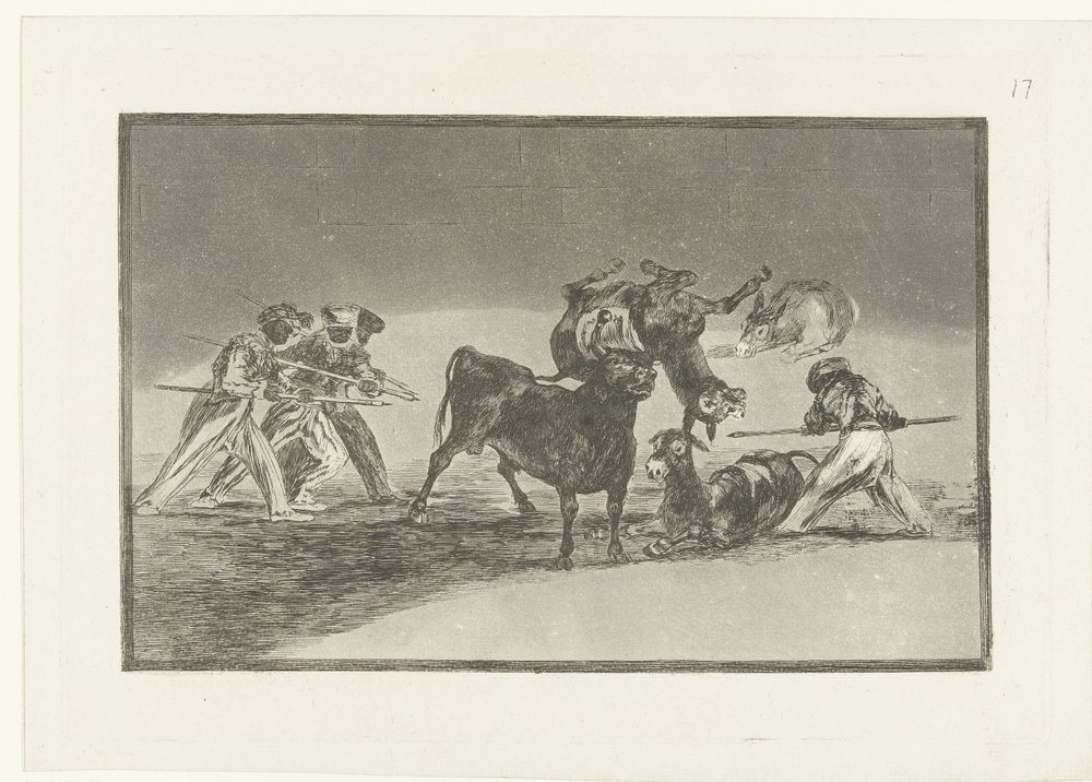 Maurere og æsler i kamp med en tyr; Maurernes arena lavet med æsler til forsvar mod tyren med polstrede horn (titel på genstanden); Tyrefægtning (serietitel) af Francisco de Goya