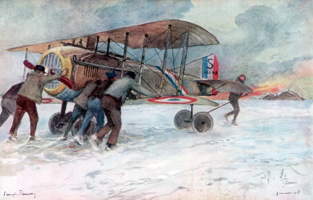 Jordpersonale, der tilser en fransk SPAD på en snedækket mark, 1918, 1926. af Francois Flameng
