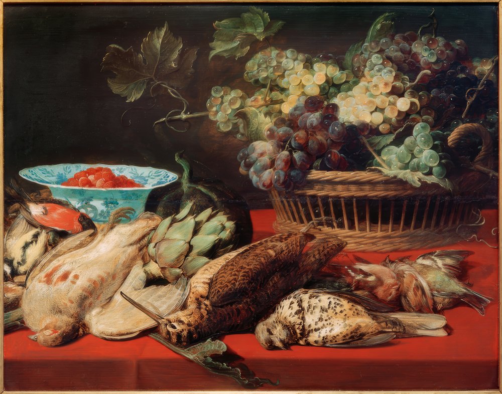 Stilleben - kurv med vindruer, fugle og jordbær af Frans Snyders