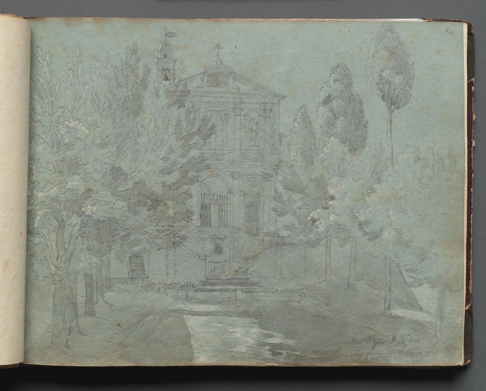 Album med udsigt over Rom og omgivelser, Landskabsstudier, side 05a: Saint Isidoro. af Franz Johann Heinrich Nadorp