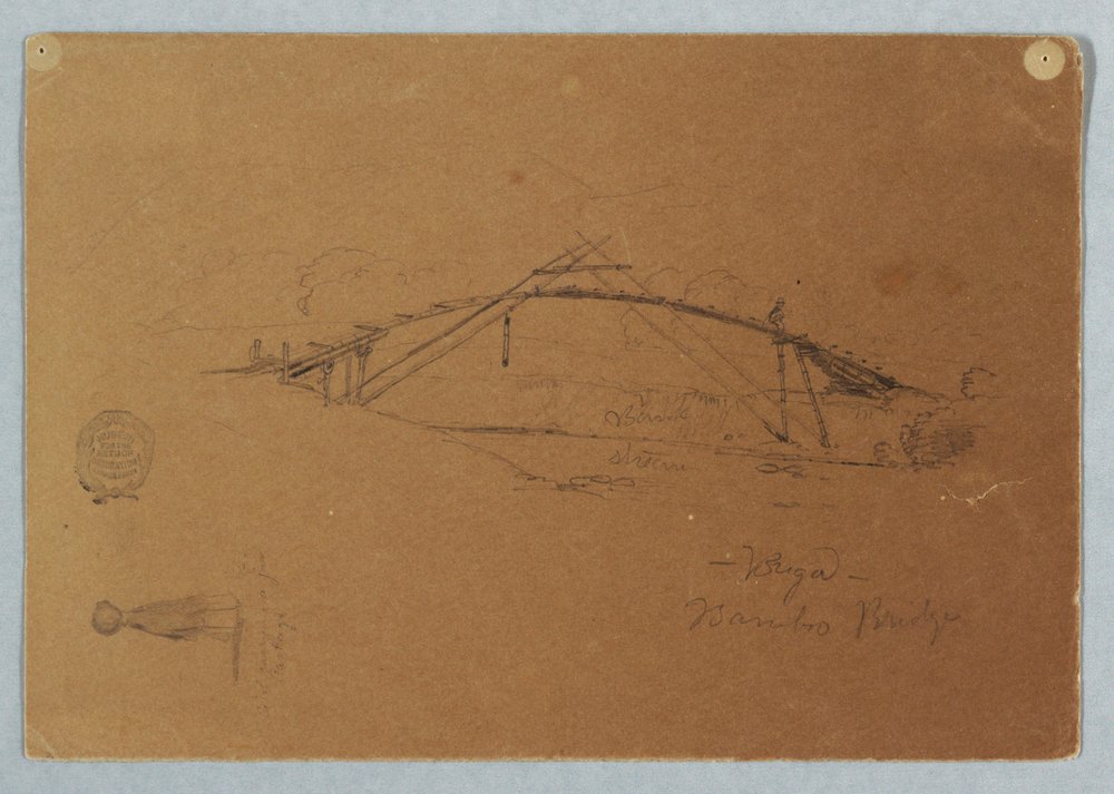 Tegning, Bambusbro ved Buga, Colombia og pige med krukke, Cartago, Colombia, juli 1853 af Frederic Edwin Church