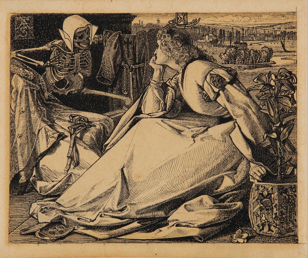 Indtil hendes død forberedende tegning til 'Gode ord' af Frederick A. Sandys