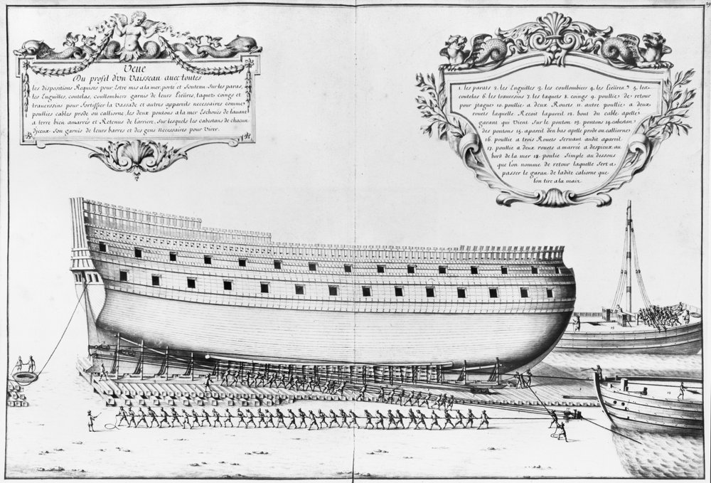 Profil af et fartøj, der gør klar til at blive søsat, illustration fra "Atlas de Colbert", planche 29 (blyant og wc på papir) af French School