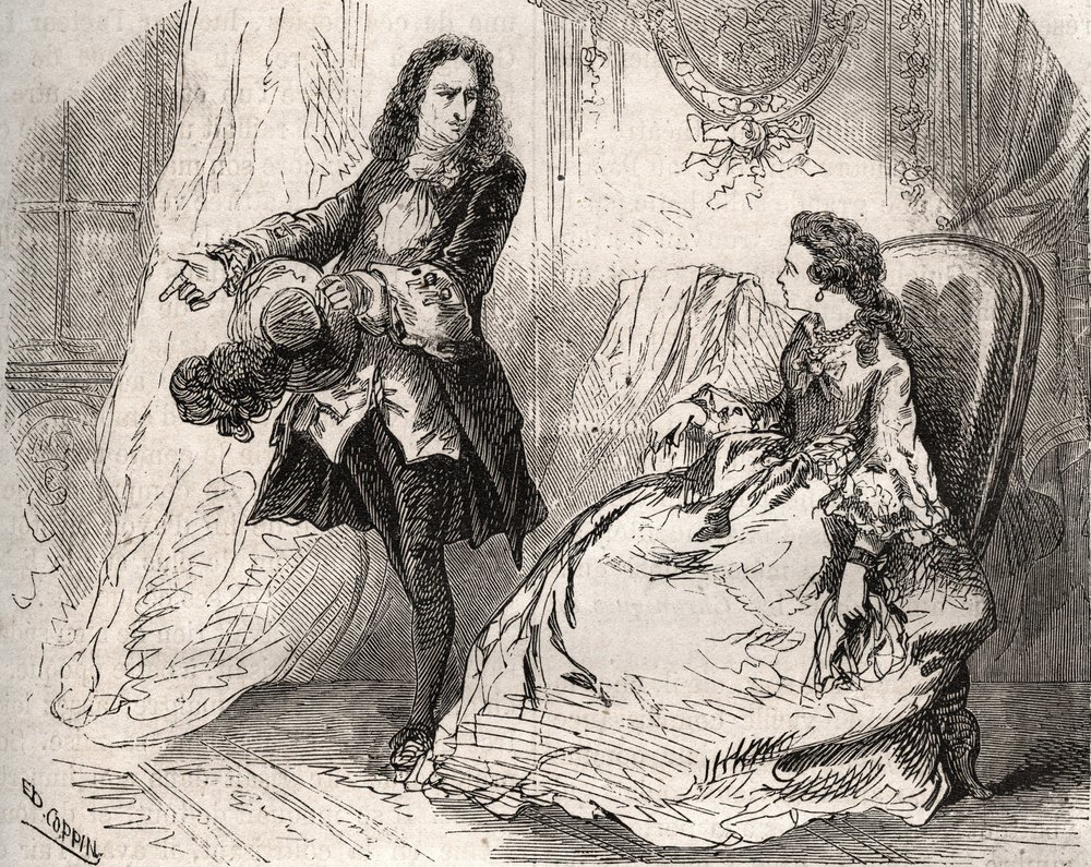 Armande Béjart (1641-1700), hustru til Jean-Baptiste Poquelin, kaldet Molière (1622-1673), med sin elsker, greven af Guiche. Stik fra 1871 i «Histoire des Cocus Célèbres» af Henry de Kock (1819-1892). af French School