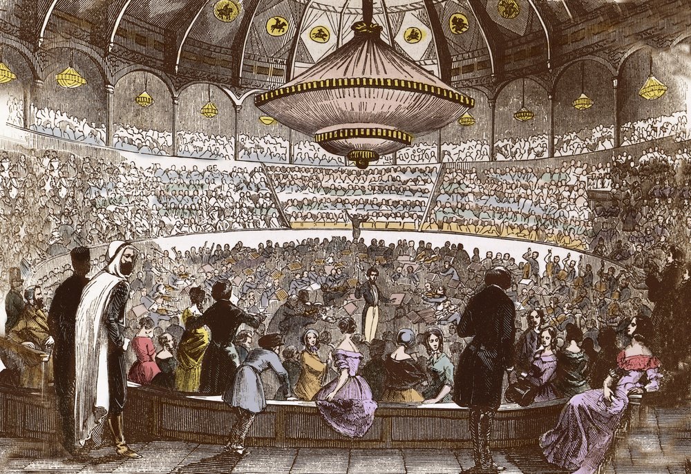 Berlioz dirigerer sin koncert den 19. januar 1845 i Cirque Olympique i Paris - Hector Berlioz (1803-1869), i hallen til det olympiske cirkus på Champs Elysees i Paris af French School