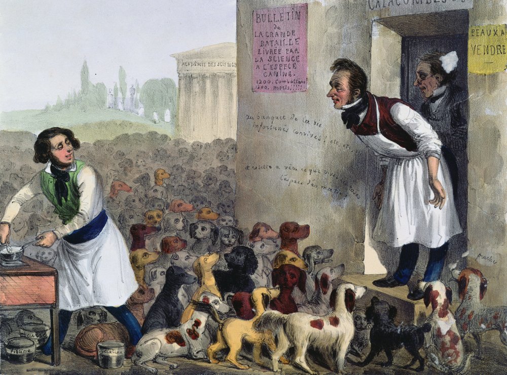 Karikatur af parisere, der beskæftiger sig med rabiate hunde, ca. 1840 af French School