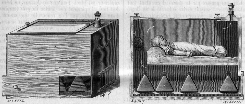 Børnekuvøse af Dr. Alfred Auvard (1855-1940), ifølge det apparat, der blev brugt på fødeafdelingen, til venstre, set udefra, set indefra til højre. i "La Nature. Revue des sciences et de ses applications aux arts et à l