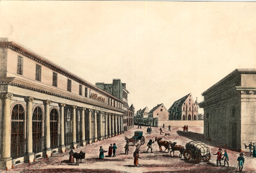 Udvendigt billede af lægeskolen i Paris under konsulatet (1799-1804). Indgravering af det 19. århundrede. Privat samling. af French School