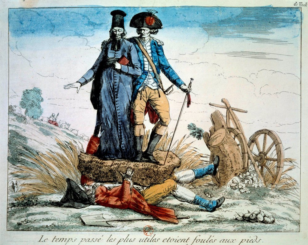 Den Franske Revolution: Tegneserie på de tre ordrer: "" tiden går det mest nyttige var folkemængderne ved foden. Præsteskabet og adelen (armee) knuser den tredje stat under vægten af skatter og korveer. 1789 Paris, Musee Carnavalet af French School