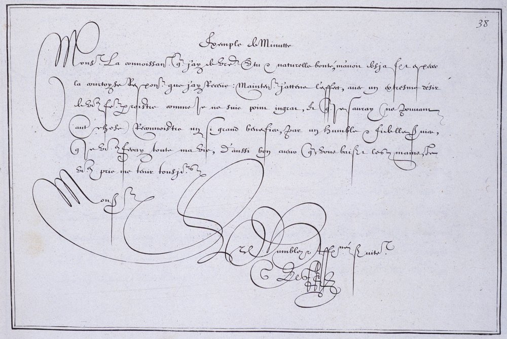 Fransk kalligrafi: Teknografi, "" eksempel på minut"" af Guillaume Le Gangneur omkring 1599. Historisk bibliotek i byen Paris. af French School