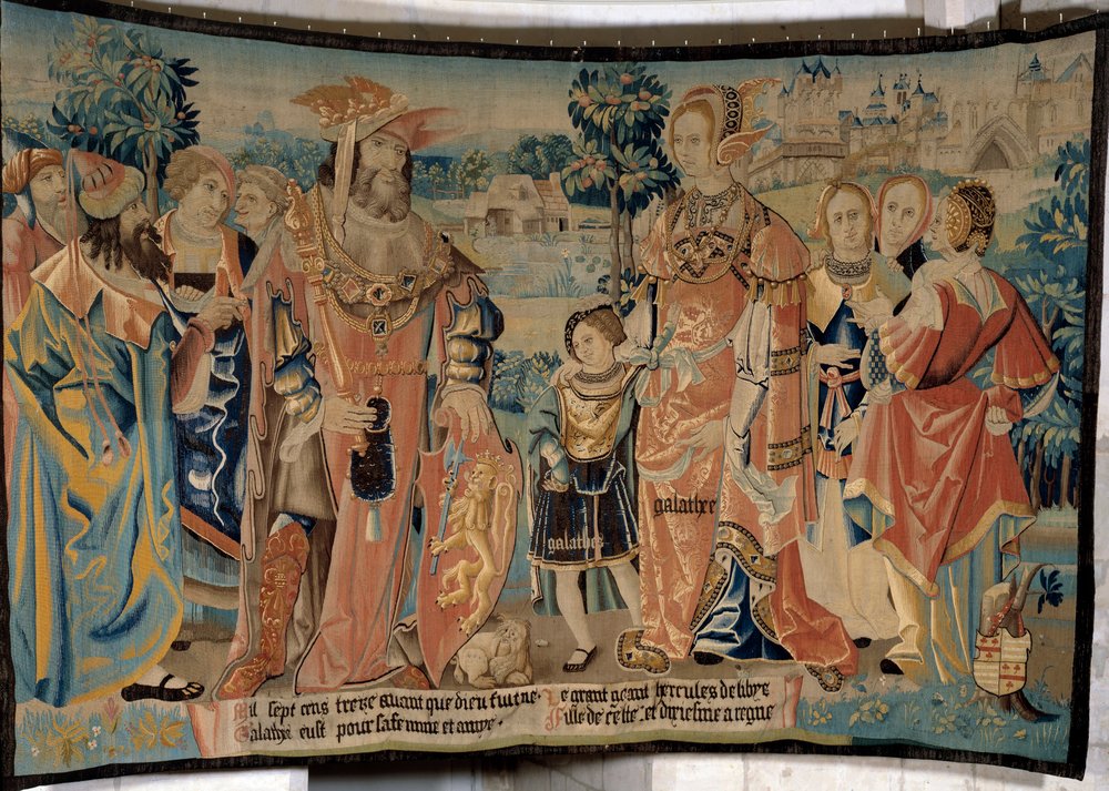 Hercules af Libyen med sin kone Galathee og hans søn Galathes omgivet af deres hoffolk foran byen Alexia i 1713 f.Kr. Tapetet af "The fabulous history of the Gaules"" lavet af Arras værksted. 1530 Beauvais, afdelingsmuseum for th af French School