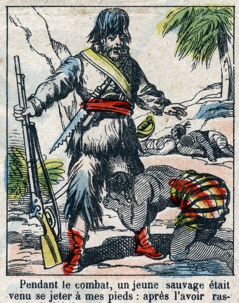 Illustration til Daniel Defoes Bog (De foe) "" Robinson Crusoe"". Epinal billeddannelse fra slutningen af det 19. århundrede. af French School