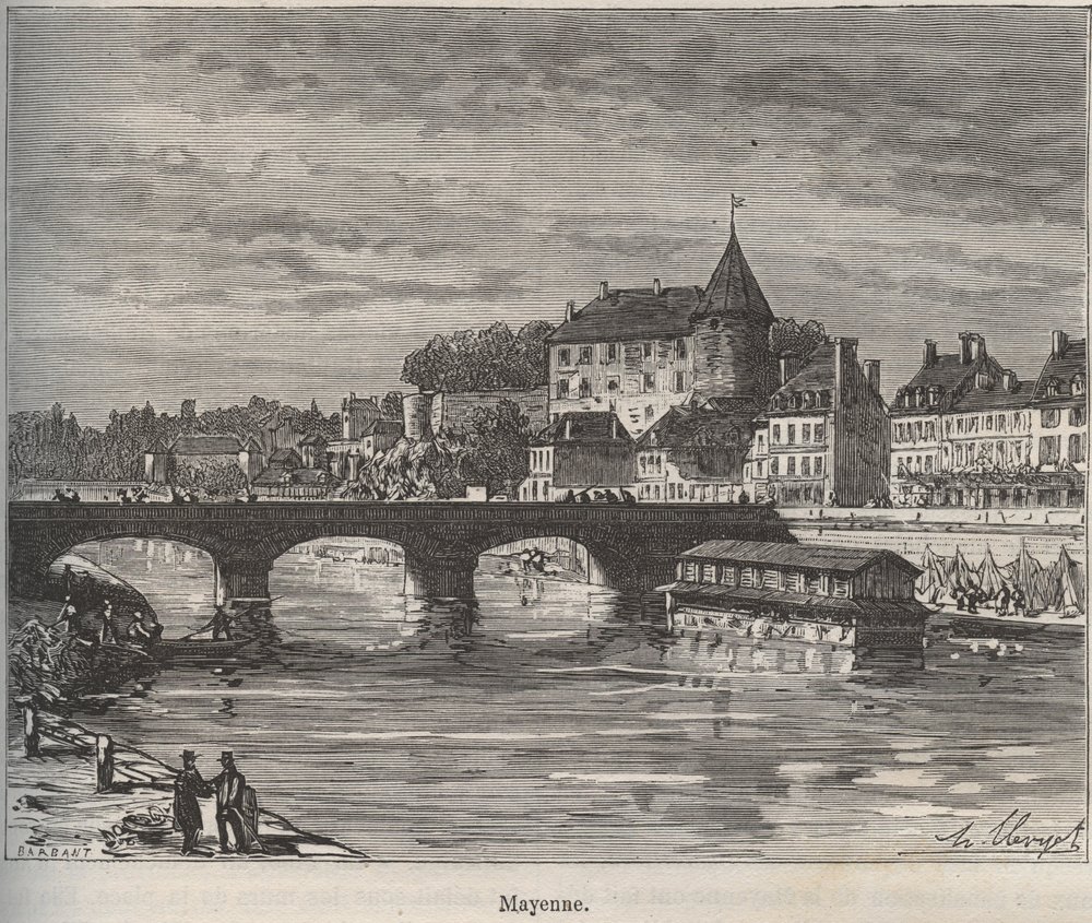 Mayenne er en kommune i det vestlige Frankrig i regionen Pays de la Loire - indgravering i "La France illustree: geography, history, administration statistique" af V.-A. Malt-brun. 1884 af French School