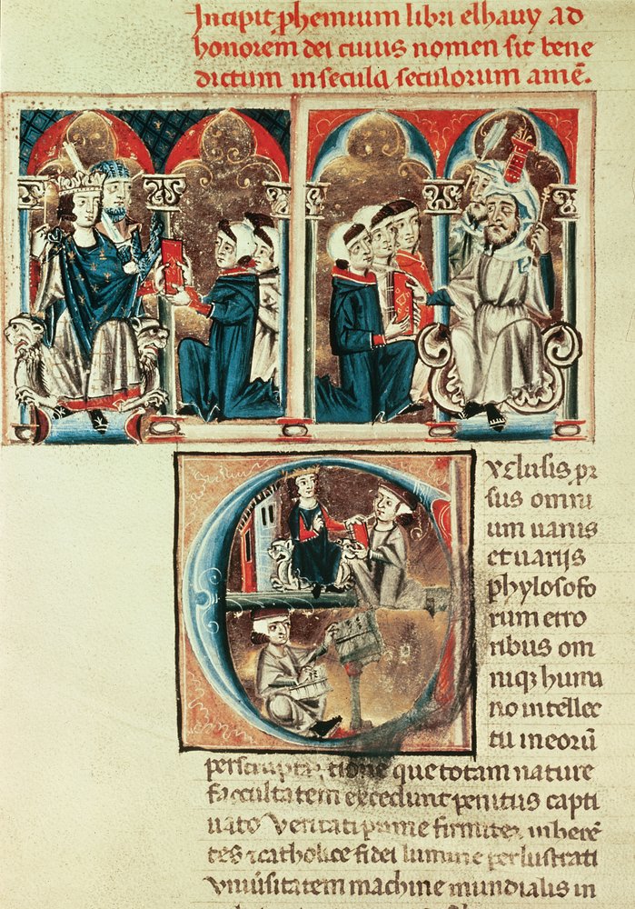 Fru Lat. 6912 fol.1v En jødisk lærd præsenterer en oversættelse af en arabisk afhandling for Philippe dAnjou af French School