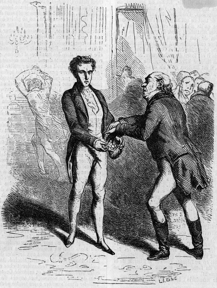 Rastignac svimmel lader den hvidhårede mand tage ti louis. Gravering midten af 1800-tallet. Illustration til "The Father Goriot" af Honore de Balzac (1799-1850). af French School