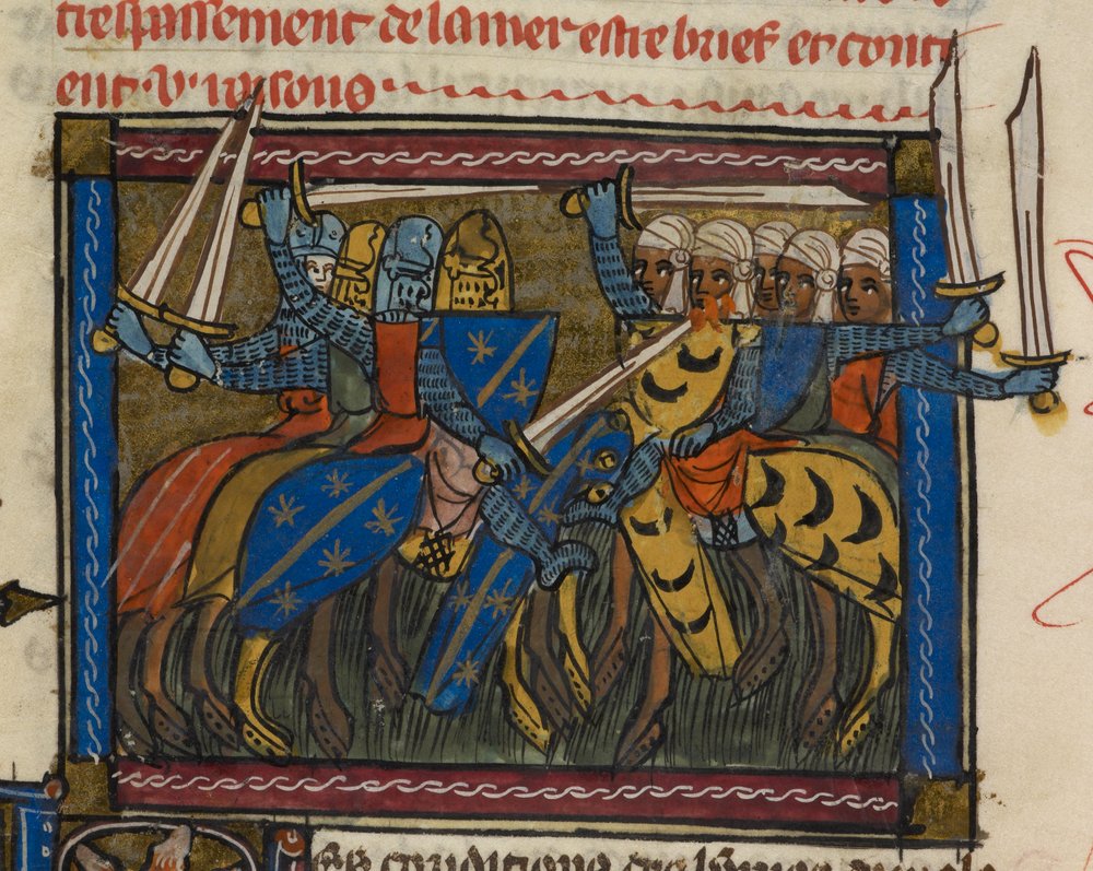 Royal 19 D. I f.189v kristne og saracenske hære i kamp, illustration fra 