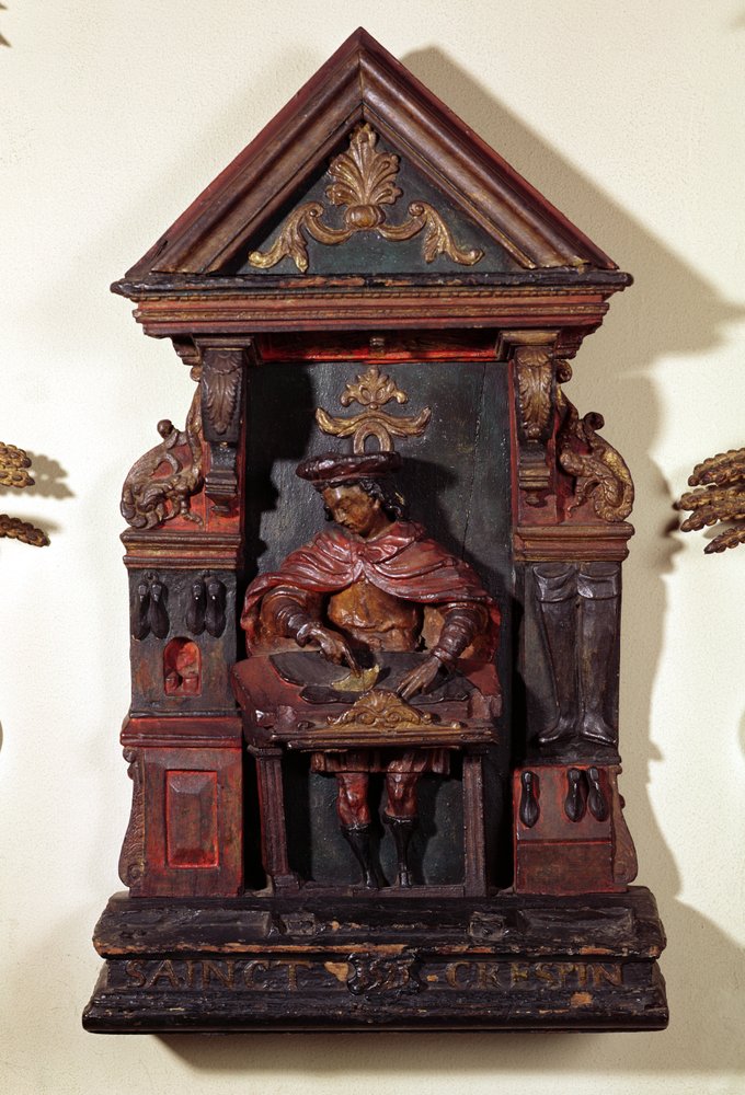 Butiksskilt for en skomager forestillende St. Crispin ved hans arbejdsbænk (træ) af French School
