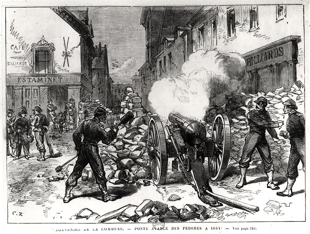 Pariserkommunen: En barrikade ved Issy, 2. maj 1871 (gravering) (bw-foto) af French School