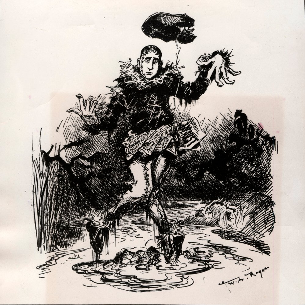 William Hearst, pressejournalist med sensation, repræsenteret som fugleskræmsel i mudderet - Caricature of Harper