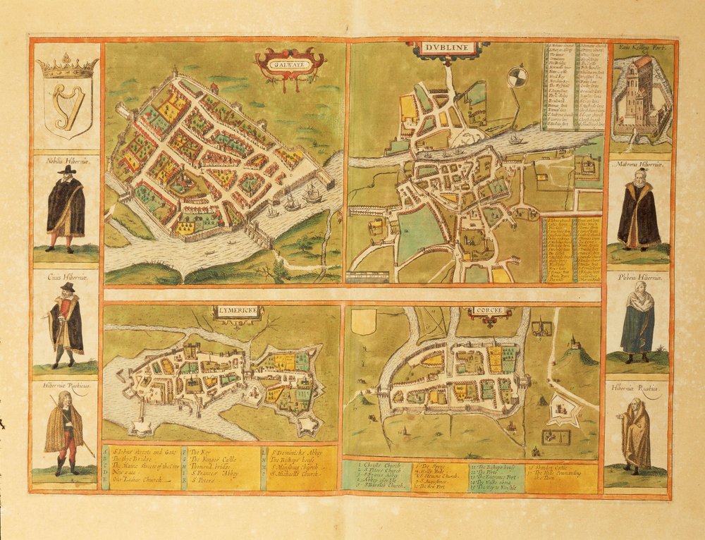 Kort over Galway, Dublin, Limerick og Cork fra Civitates Orbis Terrarum af Georg Braun af Georg Braun and Hogenberg Franz